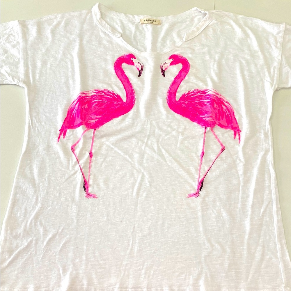 Promesa Classic White Tee with hot pink Flamingos 🦩